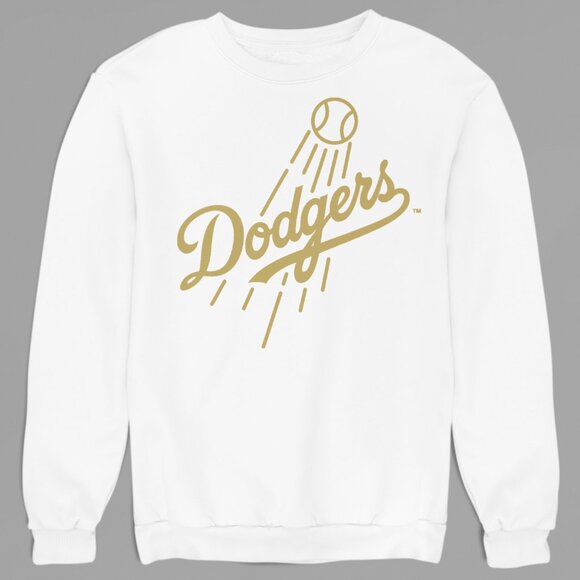 Team Fans Other - NEW Los Angeles Dodgers Fly Ball Gold Logo Fleece Long Sleeve Sweatshirt WHITE